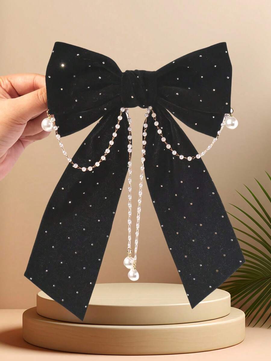 1pc Girls' Fashion Rhinestone Bow Pearl Pendant Decor Spring Clip (Random Pearl Quantity) - Black - View 1