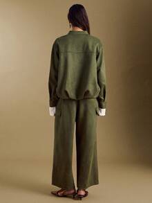 Sollinarry Women's Spring New Faux Suede Fashion Olive Green Stand Collar Zip Jacket And Matching Wide Leg Pants 2 Pieces Set - Army Green - View 8