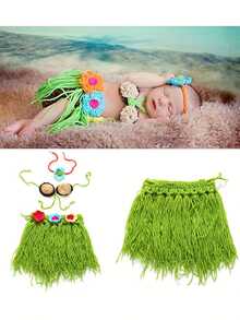 新生儿摄影道具，彩色草裙套装，适合女宝宝，沙滩比基尼套装，新生儿摄影服装，完美适用于新生儿100天摄影配件 - 綠色 - 查看 1