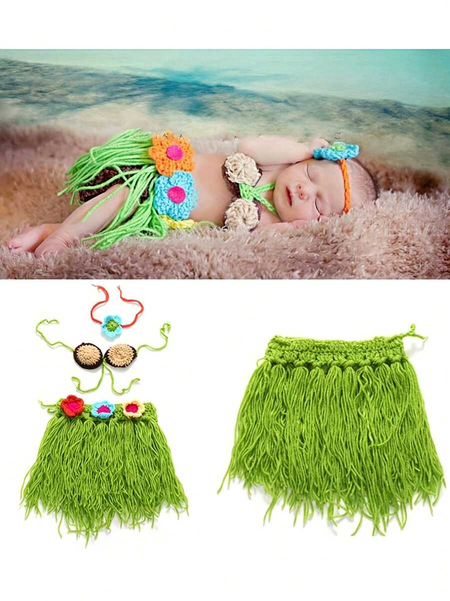新生儿摄影道具，彩色草裙套装，适合女宝宝，沙滩比基尼套装，新生儿摄影服装，完美适用于新生儿100天摄影配件 - 綠色 - 查看 1
