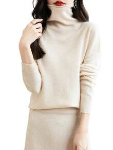 Women's 100% Merino Wool Seamless Turtleneck Long Sleeve Knit Sweater - Beige - View 5