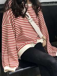 Primavera/otoño: cómodo jersey de manga larga con cuello redondo y hombros descubiertos para mujer, con rayas en contraste, muy a la moda - Rojo - Ver 4