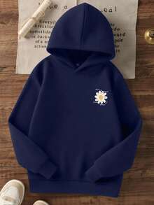 1pc Tween Girl Casual Printed Pullover Sweatshirt, Thermal Lined, Long Sleeve, Autumn/Winter Student Clothing - Navy Blue - View 5