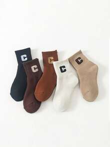 5 双儿童厚毛圈袜，带字母印花，保暖且保暖内衬，中筒长度婴儿手套袜