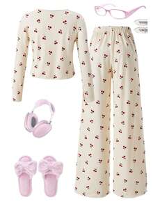 Sweet Girl Cherry Homewear Set, Fashionable And Elegant Round Neck Long Sleeve Casual Pants 2 Pieces Set, Suitable For Spring, Autumn And Winter Daily Home Wear - Beige - View 2