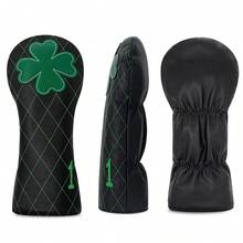 Sarung Pelindung Stik Golf Jaring Tahan Air Motif Daun Semanggi Empat Warna Hitam untuk Driver, Fairway, dan Hybrid - Kulit PU Lembut dan Tahan Lama untuk Bola Golf - Hitam - View 3