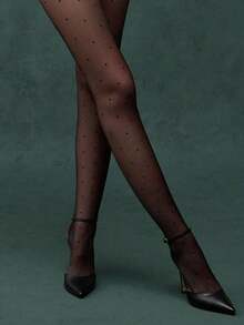 1 Pair Black Polka Dot Sheer Sexy Scratch-Resistant Pantyhose, Tights Suitable For Spring/Summer, Cozy - 黑色 4 - 查看 3