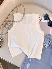 Camiseta sin mangas de punto con diamantes de imitación de colores para mujer, Top corto informal con cuello redondo, ropa de verano - Blanco - Ver 3