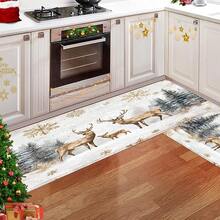 1 pièce Paillasson avec motif de renne de Noël, flocon de neige et sapin imprimé sur surface en fausse laine avec fond en TPR. Tapis de salle de bain, tapis de cuisine, tapis de buanderie, décoration de fête, décoration de maison, décoration de mariage, décoration de salle à manger