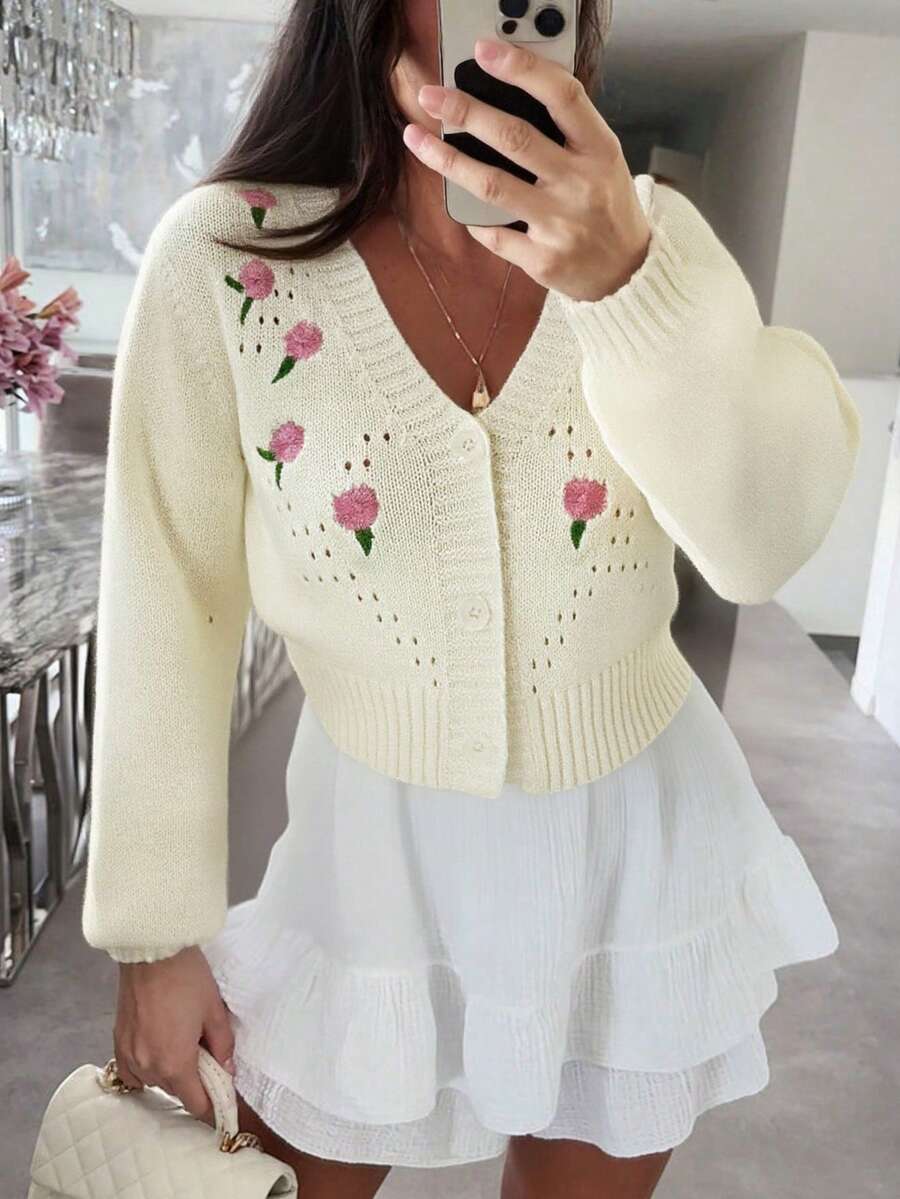 Korean Style Casual Boho Holiday Party Vintage Women Old Money Style Cute Airport Streetwear Country Concert Going Out Tops, Cosplay Halloween Costume, Halloween 2025 Sexy Witch Costume Going Out, Fall Women, Back To School Y2K, Country Concert, Fall Winter For Women, Goth Steampunk Women, Boho Holiday Party Work V-Neck Floral Embroidery Single-Breasted Hollow Regular Casual Versatile Fashion Knitted Cardigan