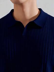 GRDR Men's Loose Thin Ribbed Polo Collar Knit Shirt, Short Sleeve, Summer - Navy Blue - View 6