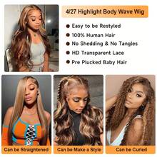 Xiayume 250 Density 32 Inch 360 Lace Front Wigs Human Hair Honey Blonde Body Wave Lace Front Wigs With Baby Hair Full 360 Glueless HD Transparent Lace Front Human Hair Wigs For Women 4/27 Human Hair Wig - S4/27 - 查看 3