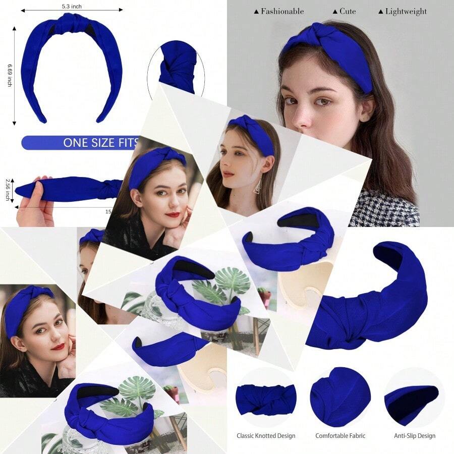 Knotted Headbands For Women Girls Royal Blue Headband Non Slip Wide Top Knot Head Band Cute Fashion Hairband Fabric Hair Accessories Comfortable Elastic Hair Band Halloween Costume Party Gifts
