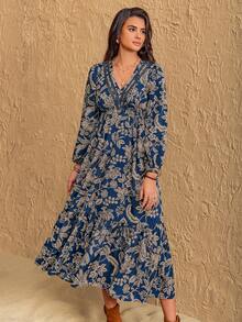 Rusttydustty Bohemian Style Women's Multicolor Floral V-Neck Lace Romantic Dress, Suitable For Music Festivals And Parties Vacation Elegant - Dusty Blue - View 2