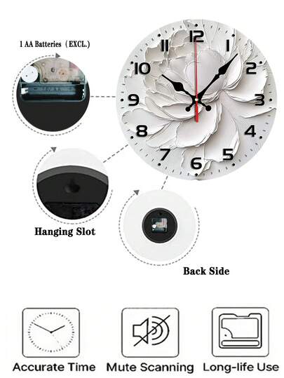 1pc Elegante 10/12inch Silent Wand Klok Abstract Grijs Bloemen Wood Veneer, Round Flat Battery Operated (AA Not Included) Ideal Home Bedrooms, Halls No Ticking, Easy To Read Numbers view 6