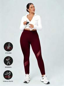 Plus Size Women Sports Pants, Mesh Patchwork Design Plus Size Workout Leggings, High Waist Suitable For Fitness, Running, Yoga, Casual Wear