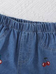 2pcs Baby Girls' Fashion Doll Collar Button Cardigan And Casual Retro Cherry Print Loose Wide-Leg Jeans Pants Set, Spring/Summer - Dark Wash - View 3