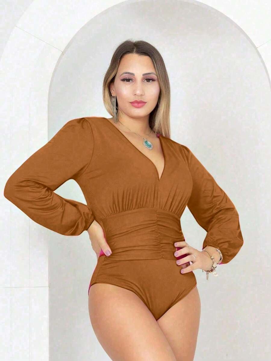 Long Sleeve Bodysuit With Abdomen Detail - Camel - View 1