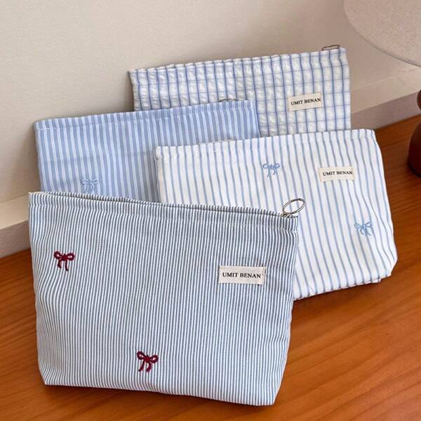 1pc Creative Embroidered Bow Makeup Bag, Large Capacity Cosmetic Organizer Pouch