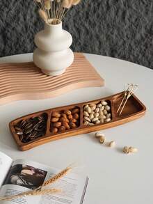 CMYD Studio 1pc Wooden Curved Snack Dish, Three/Four Compartment Dried Fruit, Candy Tray, Suitable For Party, Home Dinner, Nuts, Chocolate Platter, Dessert, Cake Display, Coffee, Cookies Serving Tray Christmas Gift - Multicolor - View 14