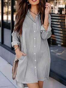 Plus Size Women Front Button Long Sleeve Striped Blouse, Casual Daily Wear - Striped Front Button Front Short Back Long Pocket Homewear Daily