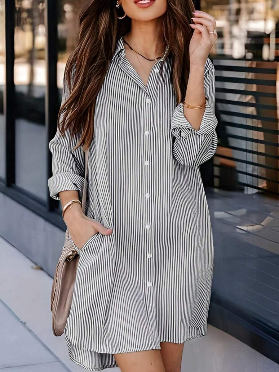 Plus Size Women Front Button Long Sleeve Striped Blouse, Casual Daily Wear - Striped Front Button Front Short Back Long Pocket Homewear Daily