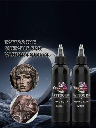 yikexuanli 半瓶优质黑色纹身墨水 | 切割线黑色/超级黑色，最暗，用于勾勒轮廓、阴影和混合，持久
