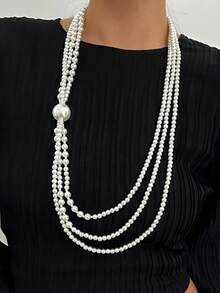 1PC Baroque Geometric Pearl Beaded Collarbone Chain, Retro Tassel Multi-Layered Long Necklace