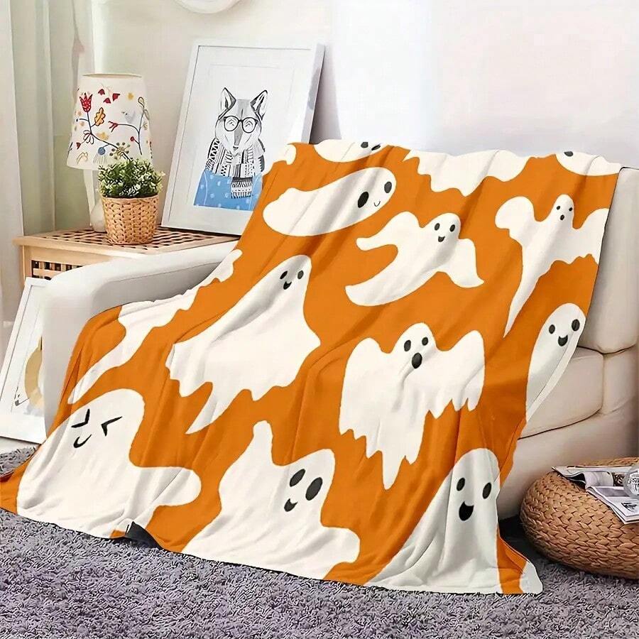 Cozy Halloween Flannel Blanket - Soft & Luxurious, Orange With Playful White Ghosts - Bedroom, Living Room, Or Outdoor Halloween Parties - All-Season Comfort 280gsm Room Decor Home Essentials Decor Bedroom