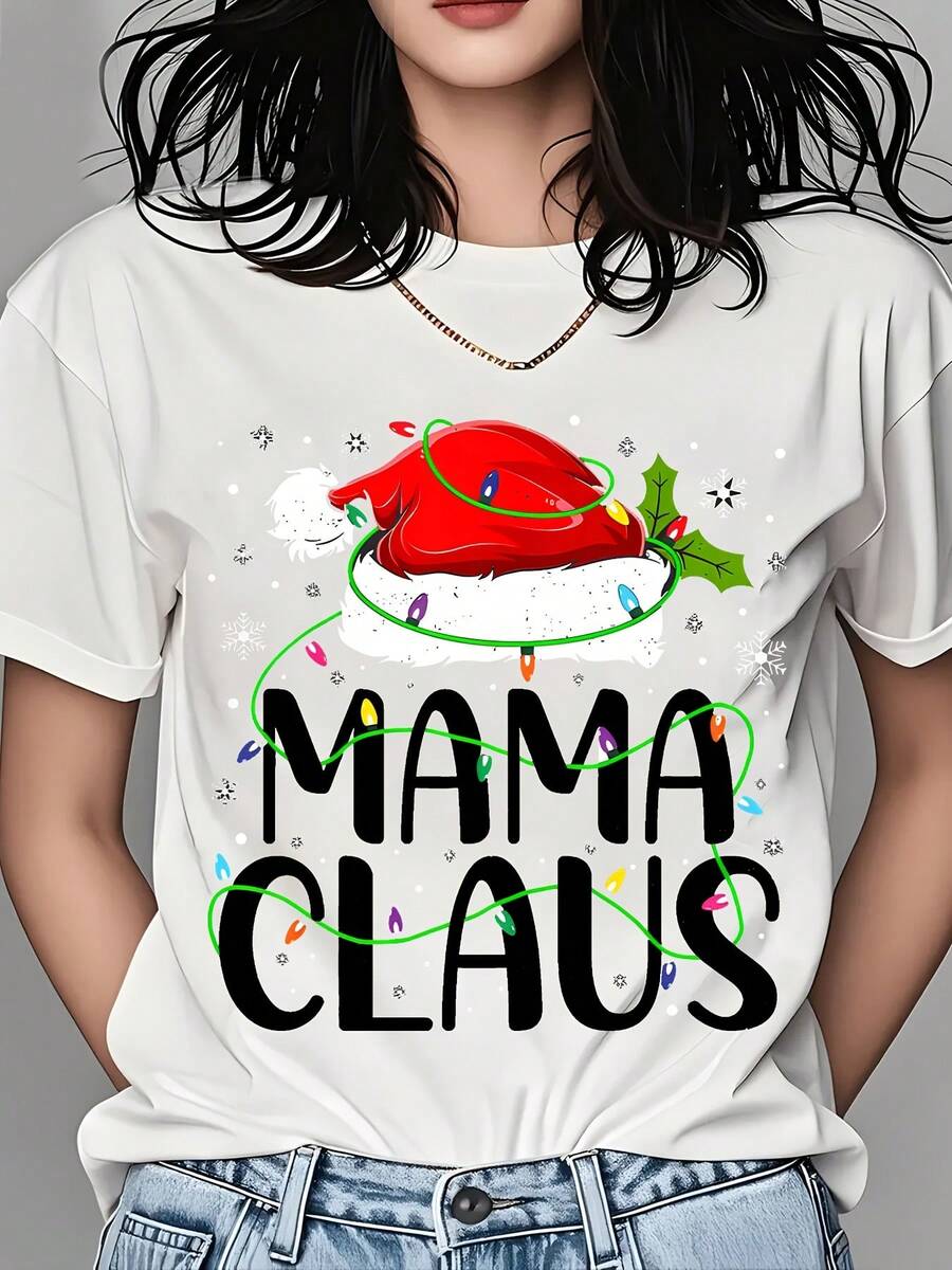 Mama Claus Christmas T-Shirt For Women - Festive Santa Hat Design With Lights And Snowflakes, Holiday Party Shirt, Xmas Gift For Mom, Christmas Sweater Alternative, Fun Ugly Christmas Tee - 白色 - 查看 1