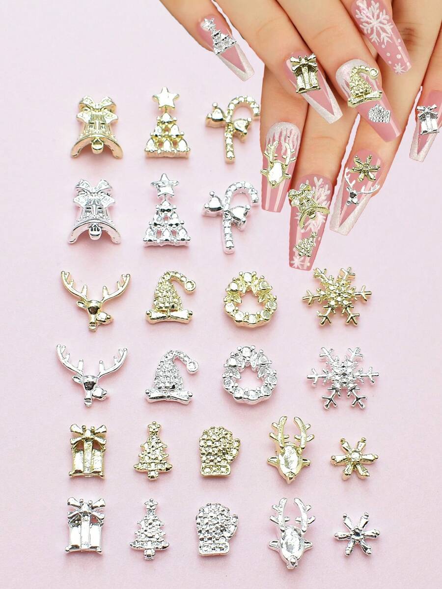 36 Weihnachts-Nageldekorationen Legierung Ornamente gemischt 3D Glocken, Schneeflocken, Weihnachtsbäume, Elch-Kränze, Geschenkboxen, Gold- und Silber-Weihnachts-Nagelzubehör, Französische Maniküre Zubehör