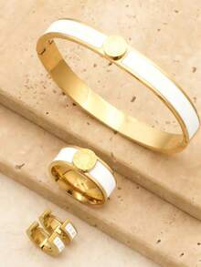 1 Set/4pcs New Fashion Roman Numeral Bangle Bracelet, Stainless Steel Resin Bracelet, Ring, Earrings, Gold Jewelry Gift Set For Relatives And Friends