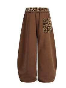 复古宽松褶裥豹纹拼接喇叭爵士舞休闲裤，女士春季款 - 棕色 - 查看 5