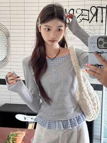 可爱格子拼接二合一纽扣装饰长袖T恤，修身剪裁，适合拍摄照片，秋冬季 - 灰色 - 查看 5