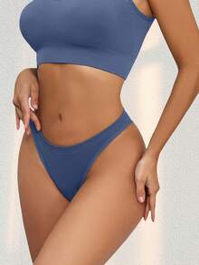 5条/包 大码女士性感内裤，基础纯色舒适针织低腰柔软丁字裤，适合所有季节和日常穿着 - 彩色 - 查看 5