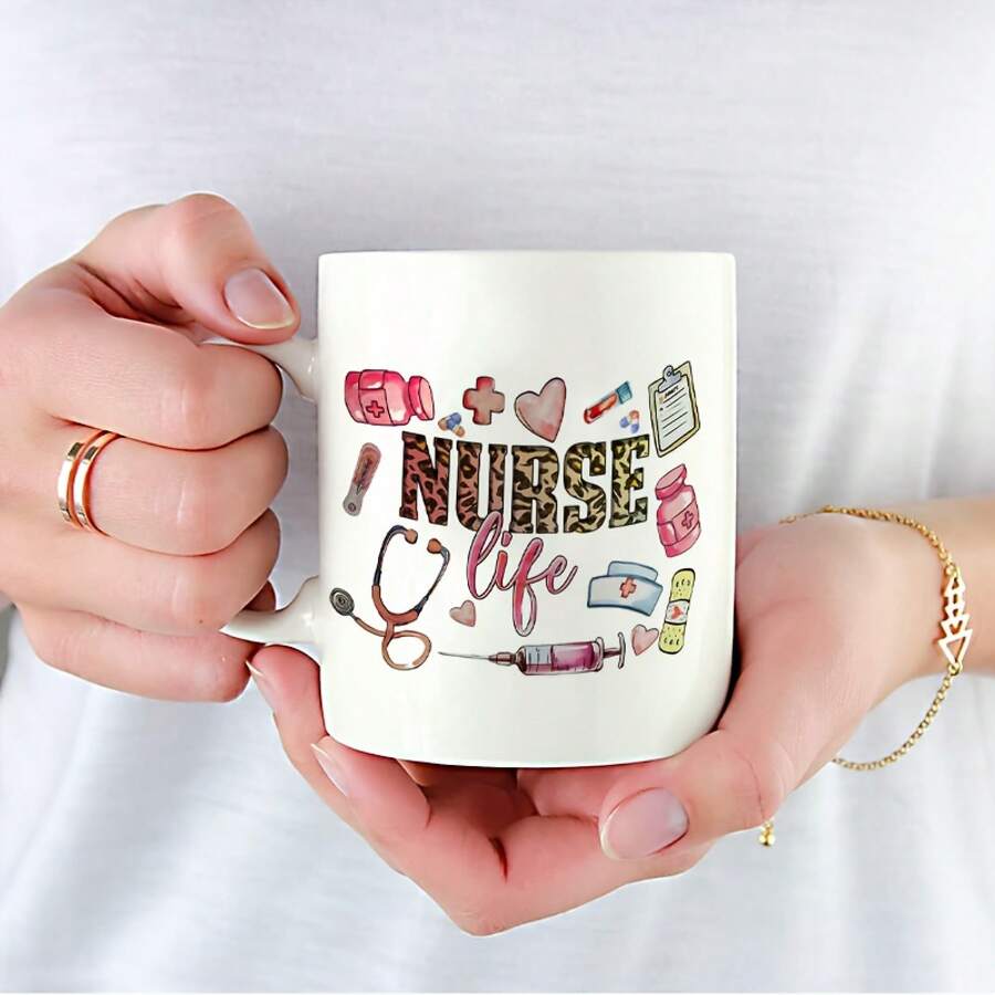 1pc Nurse Coffee Mug 11oz Ceramic - Medical-Themed Design With Leopard Print "NURSE" Text, Stethoscope & Heart Icons - Dishwasher , All-Season Use For Home, Office, Restaurant - Perfect Nurses Day Gift, Office Drinkware, Playful Nurse Design, Durable Drinkware - 白色-11oz - 查看 1