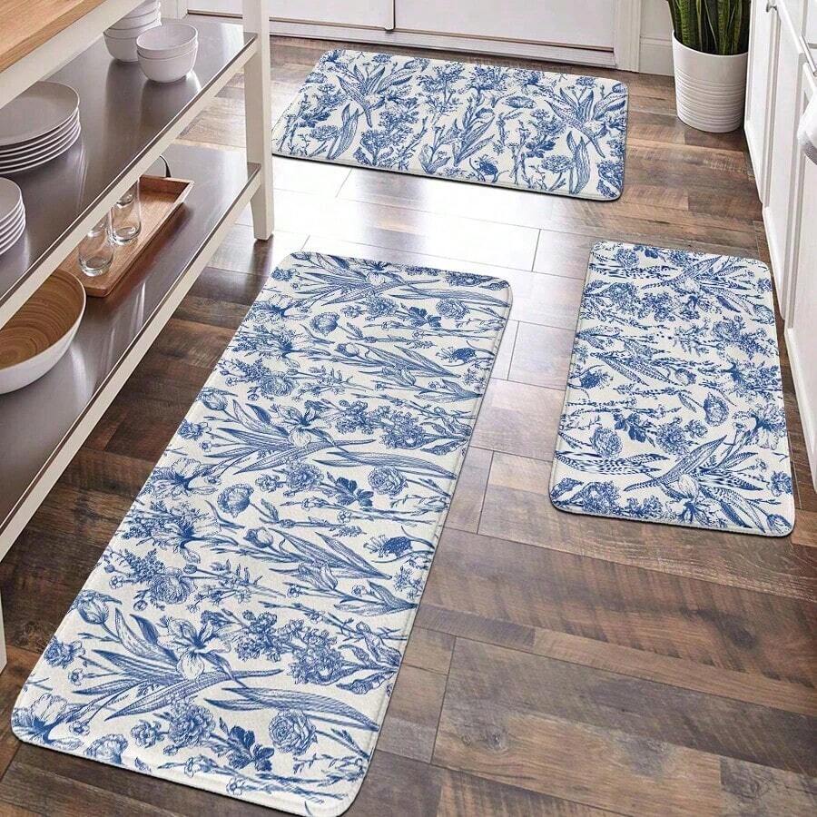1pc Home Decor, Room Decor, Bathroom Decor, Bathroom Mat, Anti-Slip Bath Mat, Kitchen Decor, Kitchen Mat, Bathroom Set, Entryway Rug, Door Mat, Soft Plush Surface, Home Decoration, Anti-Fatigue Mat, Floral Pattern Rug, Luxury Simplicity, Farmhouse Style, Soft & Comfortable Surface, Relax Feet, Reduce Fatigue Floor Carpet Outdoor Rug Door Mat Fall Decor Bathroom Accessories Back To School Entryway Decor - Blue - View 1