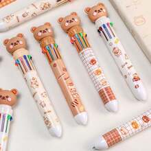 Cute Bear Ten-In-One Multi-Color Ballpoint Pen Set, Press-Type Retractable Pens, Plastic Material, No Batteries Required, With Assorted Colors For Ages 14+, Daily Planner Writing Instrument