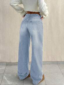 Jeans en denim bleu clair dégradé pour femmes avec fermeture à bouton et fermeture éclair, jambe droite style casual avec poches, coupe longue pour un port quotidien - Bleu azur - Voir 3