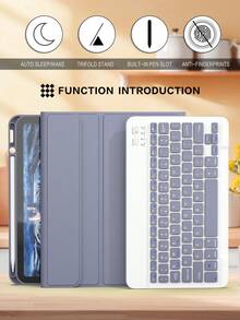 适用于 iPad 的无线键盘保护套，可拆卸皮革保护套带笔槽，支持自动休眠/唤醒功能，内置 150mAh 无线蓝牙键盘，纤薄轻巧支架式保护套 - 浅灰色/紫色 - 淺灰紫 - 查看 3