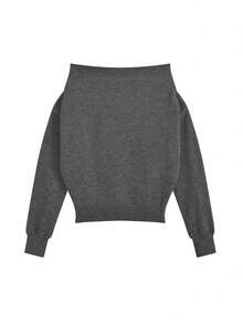 小众露肩宽松针织女式毛衣，休闲风格，适合秋冬春季穿着。 - 灰色 - 查看 5