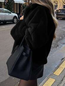 Cardigan à manches longues rétro pour femmes, veste en fausse fourrure marron, convient pour Noël et le port quotidien - Noir - Voir 7
