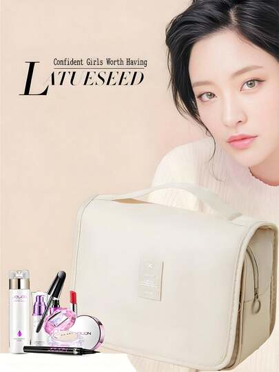 1pc Large Capacity Compartment Makeup Bag - Fashion Style, Zipper Closure, Foldable, Lightweight, Fade-Resistant Design, Travel Cosmetic Bag, Women's Large Capacity Makeup Pouch, Waterproof Portable Toiletry Bag With Divider And Handle, Makeup Case, Travel Toiletry Kit, Large Storage Bag, Luxury Cosmetic Bag, Portable Travel Toiletry Set (Pink)