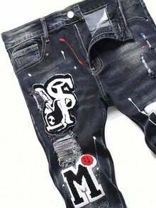 Men's Slim Fit Regular Letter Graphic Distressed Stretch Denim Jeans - Black - View 5