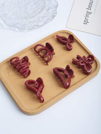 6pcs Elegant Burgundy Heart & Bow Hairclips Set, Versatile Cute Bangs, Side, Ponytail Clips For Daily, Casual, Party Claw Clips Winter Hair Accessories Elegant Hair Clips Winter Hair Clutch