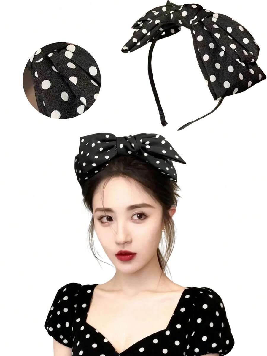 1pc Polka Dot Korean Headband, Versatile Polka Dot Hair Accessory, Minimalist Fresh Big Bow Hair Clip For Women, Makeup, Hair Band Hair Hoop