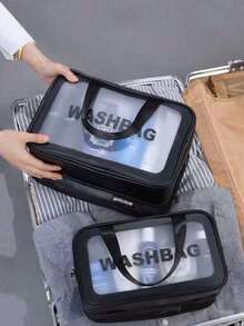 1 pièce Sac de toilette noir en PU à séparation sèche et humide, transparent et imperméable, à double couche, grande capacité, multifonction, sac de rangement pour le maquillage, sac de sport et de natation portable pour hommes et femmes