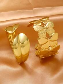 1pc/2pcs Vintage Distressed Stainless Steel Bangle, Leaf & Butterfly Design Open Cuff Bracelet, Waterproof & Fade-Resistant, Delicate Luxury Everyday Wear For Women