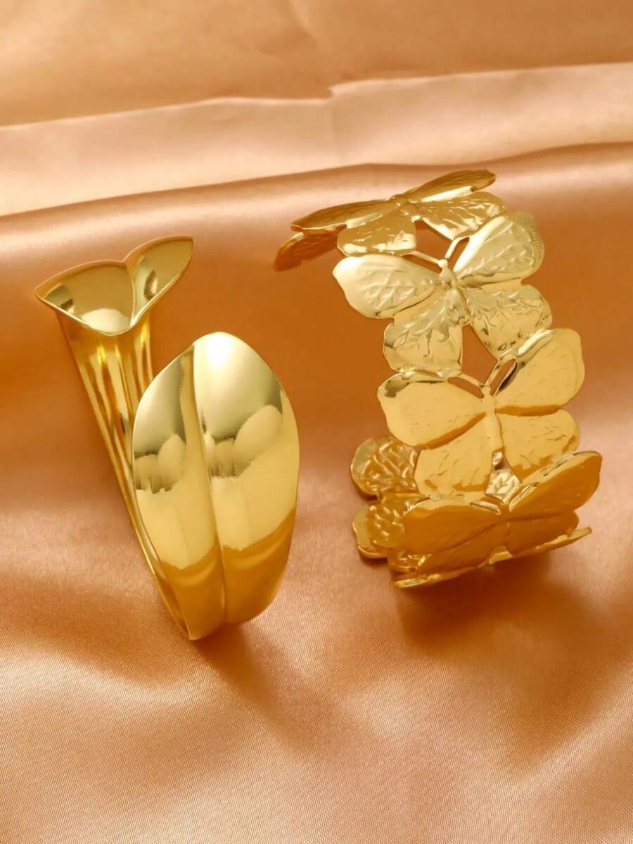 1pc/2pcs Vintage Distressed Stainless Steel Bangle, Leaf & Butterfly Design Open Cuff Bracelet, Waterproof & Fade-Resistant, Delicate Luxury Everyday Wear For Women