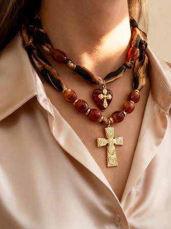 1pc Bohemian Melange Style Creative Fashion Vintage Titanium Steel Cross Heart Acrylic Leopard Print Necklace For Women, Sisters, Couples Jewelry Gift Suitable For Daily Wear, Dates, Parties, Holidays, Gifting, And Vacation Outfits